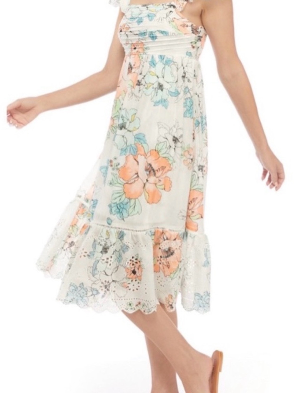 Wonderly White Floral Midi Dress with Peach & Blue Accents